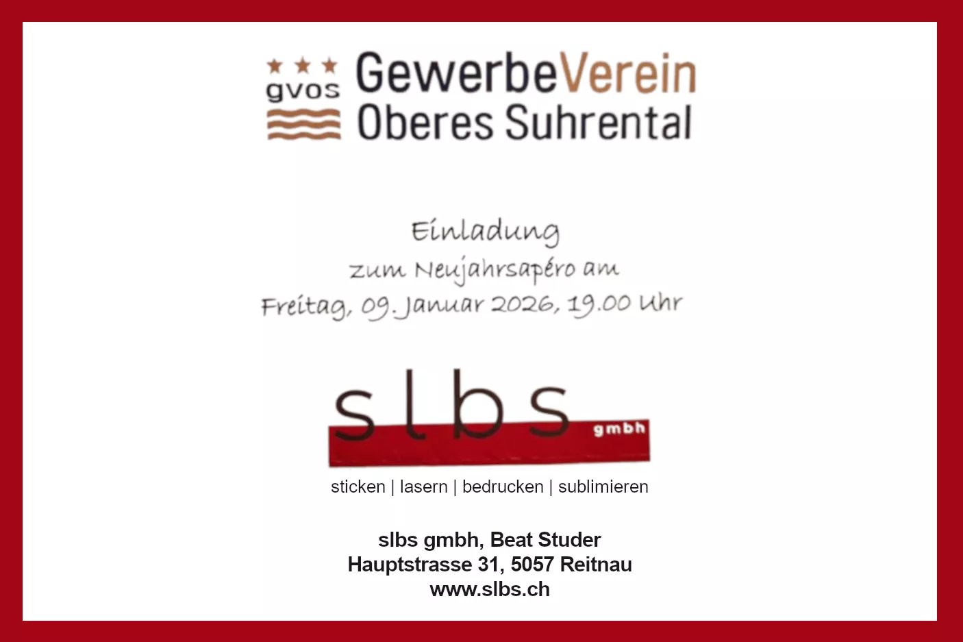 Neujahrsapéro am 09. Januar (bei www.slbs.ch)